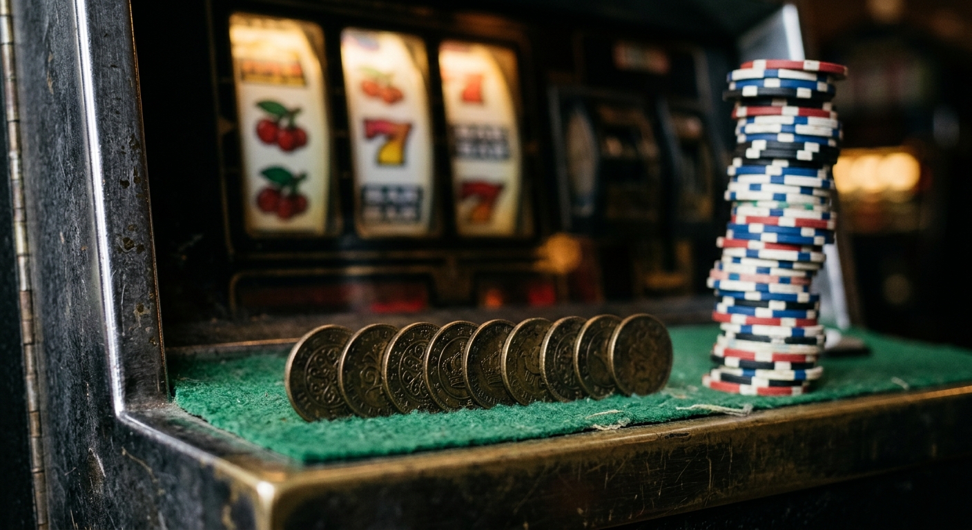 Layar mesin slot modern dengan gulungan simbol berputar
